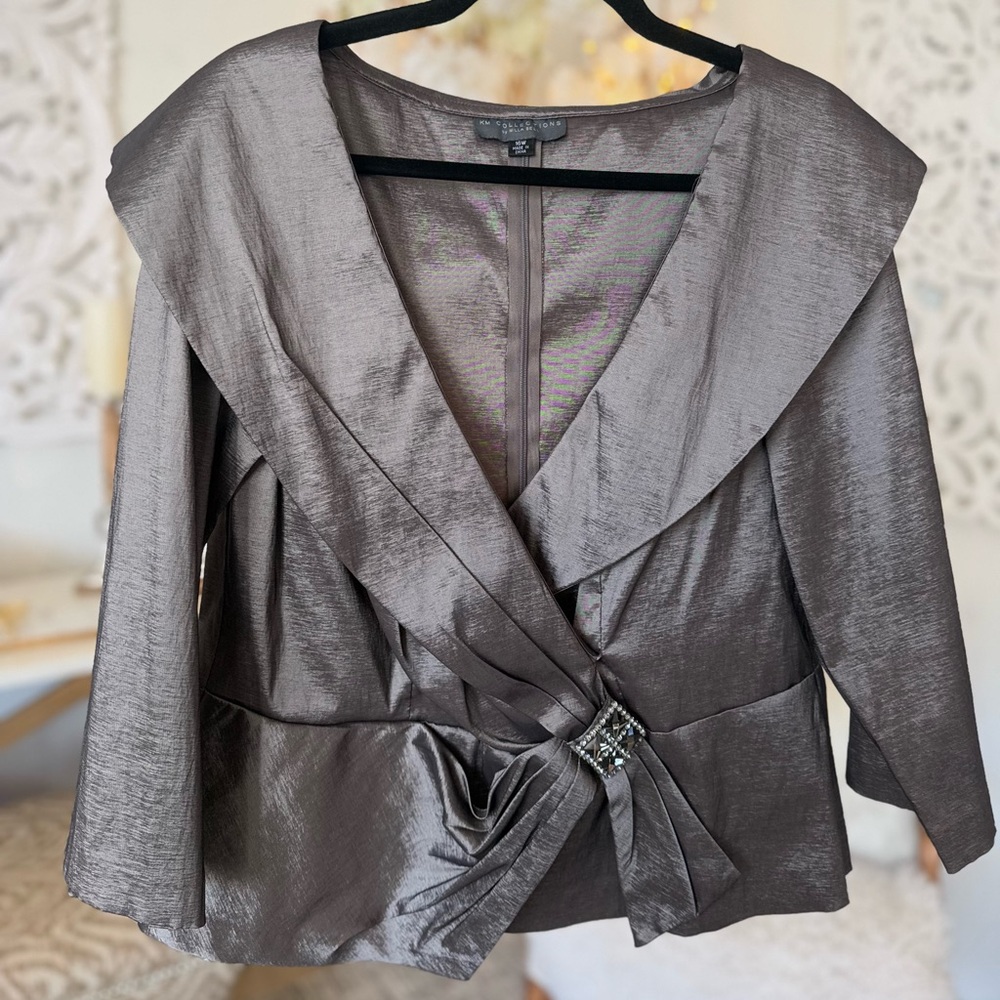 Elegant metallic gray formal top dress top with brooch detail